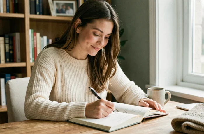 Jeune femme écrivant une citation positive dans son journal intime à son bureau en bois