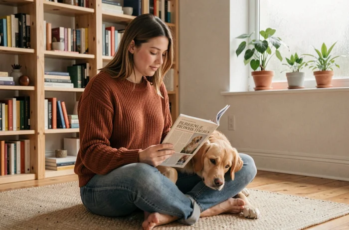 Jeune femme lisant un magazine animalier avec son chien golden retriever à la maison