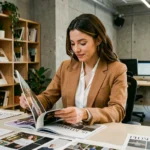 Femme parcourant le magazine Bart dans un bureau éditorial moderne, ambiance tendance et contemporaine