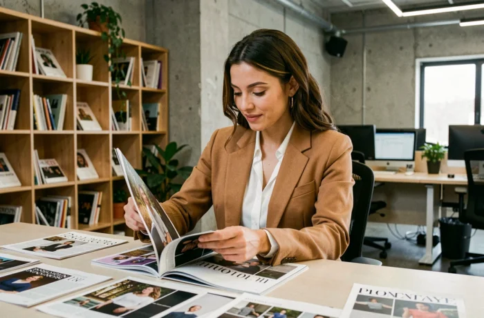 Femme parcourant le magazine Bart dans un bureau éditorial moderne, ambiance tendance et contemporaine