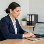 Femme professionnelle consultant les mentions légales d'un site internet sur un ordinateur portable dans un bureau moderne