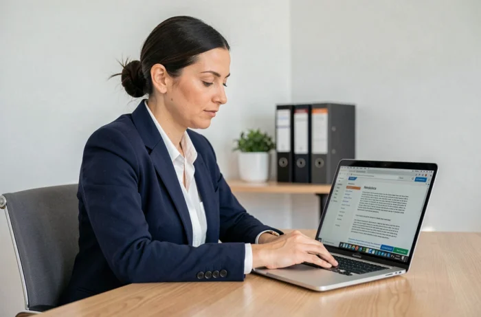 Femme professionnelle consultant les mentions légales d'un site internet sur un ordinateur portable dans un bureau moderne