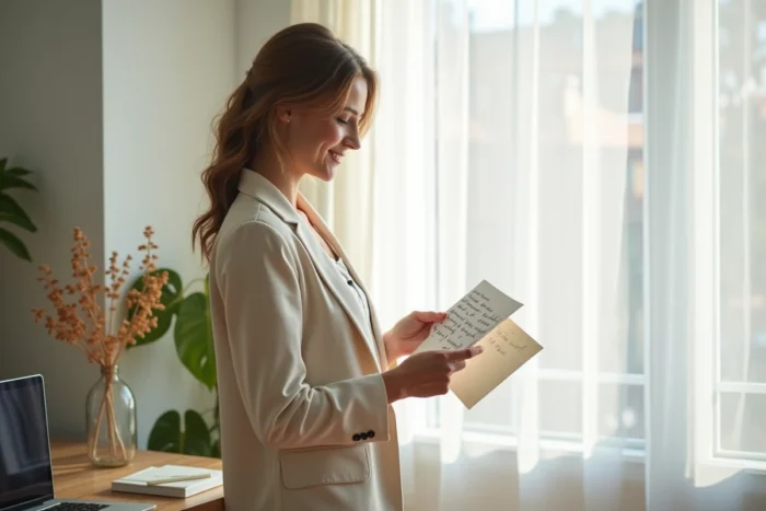 Femme tenant une note d'amour manuscrite près d'une fenêtre dans un bureau à domicile moderne