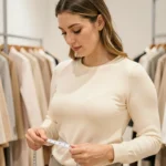 Femme mesurant son tour de taille avec un mètre ruban dans une boutique de vêtements pour choisir sa taille
