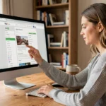 Femme utilisant un plan de site pour naviguer sur un blog depuis son bureau à domicile