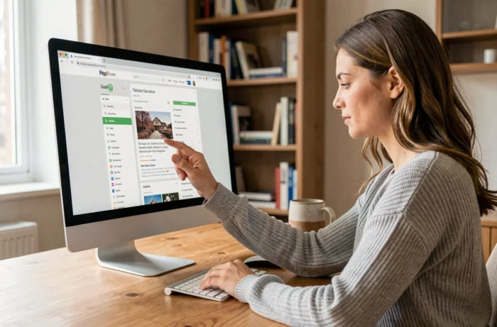 Femme utilisant un plan de site pour naviguer sur un blog depuis son bureau à domicile