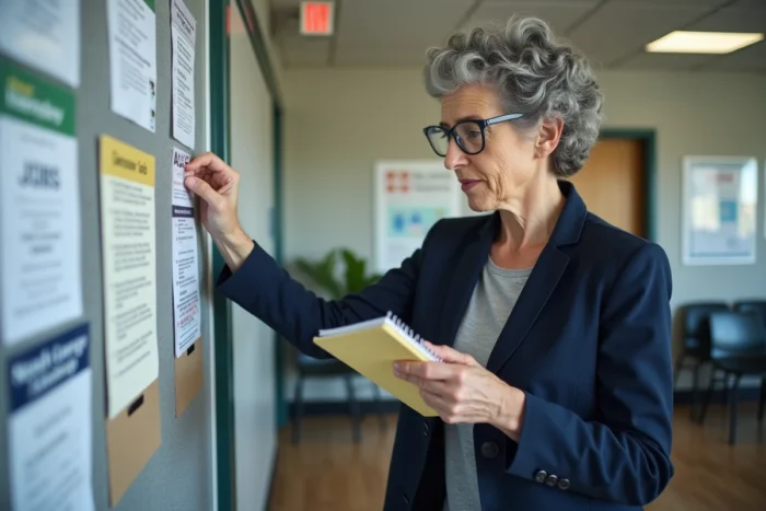 Femme consultant un tableau d'offres d'emploi à horaires flexibles dans un centre d'emploi public