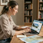 Femme planifiant un voyage sur un site de voyage depuis son bureau à domicile avec carte et notes