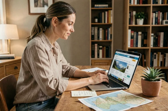 Femme planifiant un voyage sur un site de voyage depuis son bureau à domicile avec carte et notes
