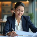 Femme professionnelle concentrée sur sa progression de carrière dans un bureau moderne