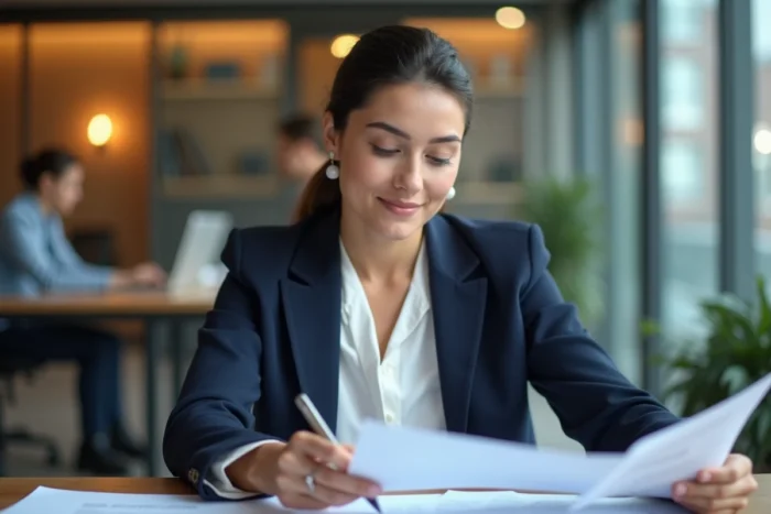 Femme professionnelle concentrée sur sa progression de carrière dans un bureau moderne