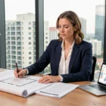 Femme professionnelle analysant des documents immobiliers et des plans architecturaux dans un bureau moderne avec vue sur la ville