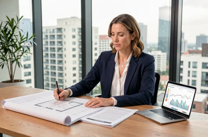 Femme professionnelle analysant des documents immobiliers et des plans architecturaux dans un bureau moderne avec vue sur la ville