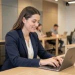 Femme professionnelle utilisant une plateforme de services en ligne sur son ordinateur portable dans un bureau moderne