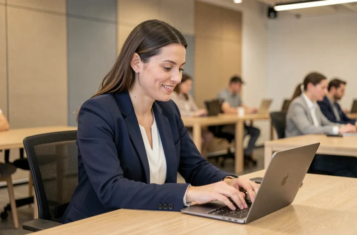 Femme professionnelle utilisant une plateforme de services en ligne sur son ordinateur portable dans un bureau moderne