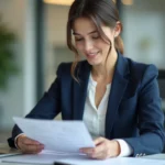 Femme professionnelle révisant son CV à son bureau pour trouver un emploi