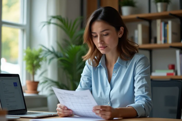Femme cherchant un emploi à horaires flexibles 9h-16h depuis son bureau à domicile avec un planning imprimé