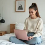 Jeune femme faisant du shopping en ligne sur un ordinateur portable depuis sa chambre minimaliste et cosy