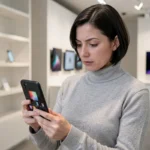 Femme tenant un smartphone pliable dans un showroom technologique moderne, explorant les dernières innovations en téléphonie mobile