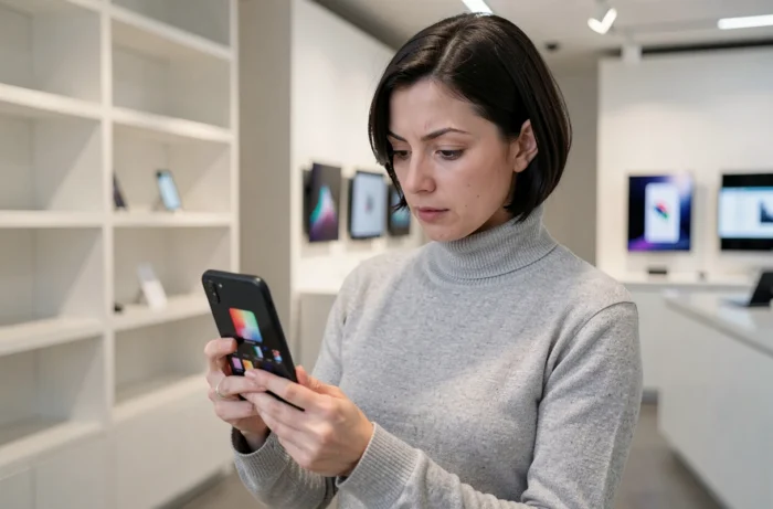 Femme tenant un smartphone pliable dans un showroom technologique moderne, explorant les dernières innovations en téléphonie mobile