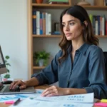 Femme professionnelle travaillant sur une stratégie de présence web à son bureau avec un ordinateur portable et des rapports analytiques