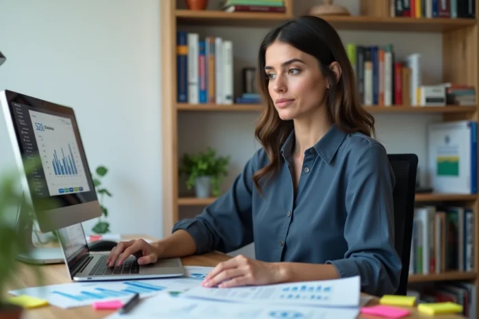Femme professionnelle travaillant sur une stratégie de présence web à son bureau avec un ordinateur portable et des rapports analytiques