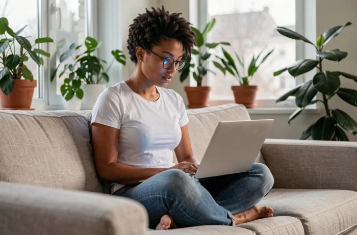 Une jeune femme lisant des tendances informatiques sur son ordinateur portable dans un salon moderne