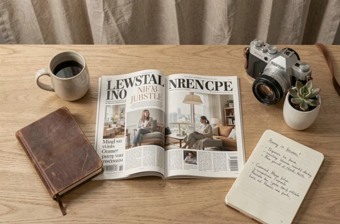 Flat lay éditorial du magazine Bart sur un bureau en bois avec accessoires créatifs, vue de dessus tendance