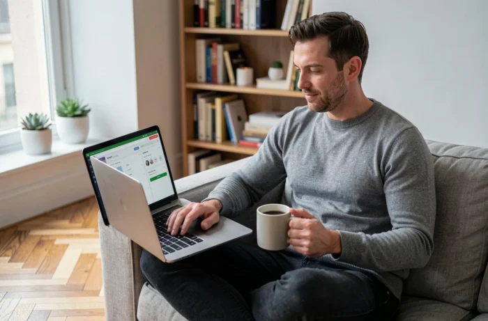 Freelance spécialisé en boutique en ligne travaillant depuis chez lui sur une plateforme e-commerce