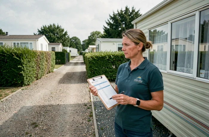 Gestionnaire de camping inspectant un mobil-home ancien avec une liste de contrôle réglementaire