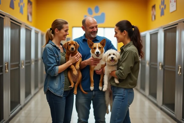 Groupe de bénévoles avec des chiens adoptables dans le couloir d'un refuge animalier en Arizona