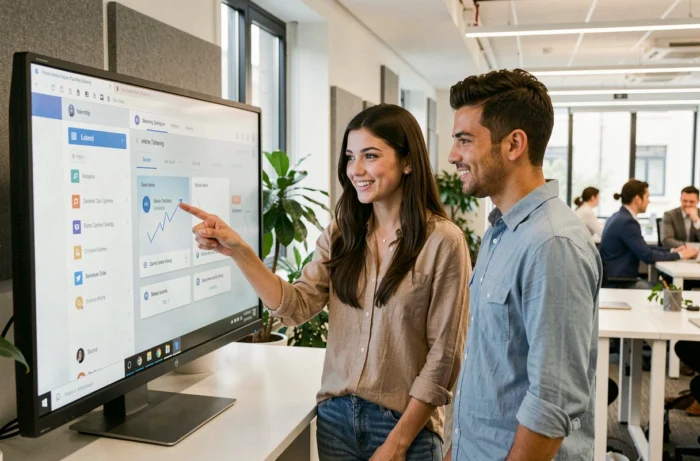 Groupe de jeunes professionnels collaborant autour d'une plateforme de formation en ligne dans un bureau moderne