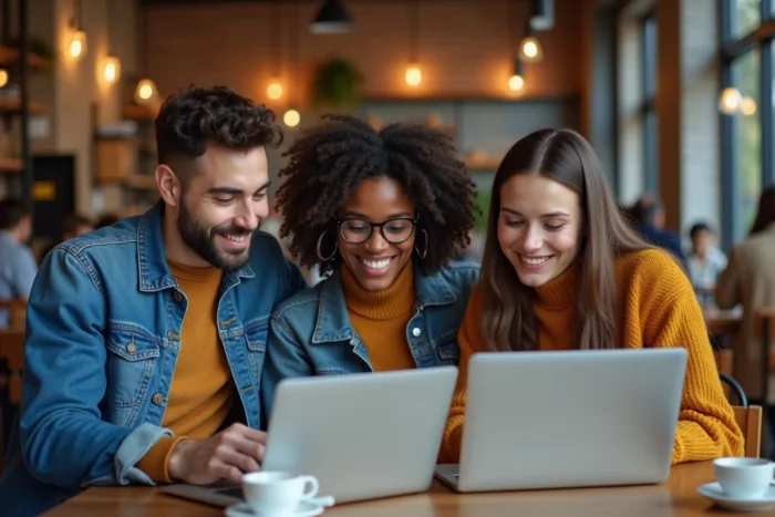 Groupe de jeunes professionnels cherchant des offres d'emploi ensemble dans un café