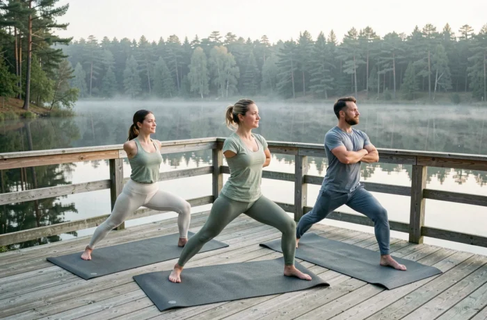 Groupe d'amis pratiquant le yoga en plein air au bord d'un lac, illustrant les bienfaits du sport collectif pour le bien-être