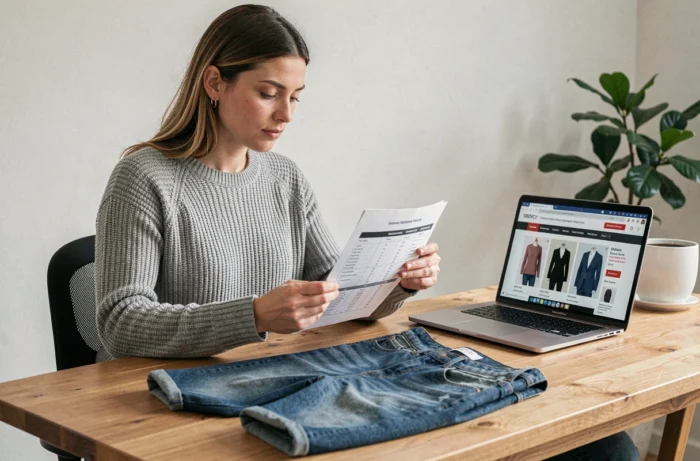Femme consultant un guide des tailles vêtements à son bureau pour trouver la correspondance du tour de taille 42