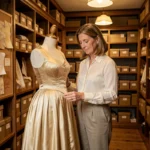 Historienne de la mode examinant une robe victorienne dans une salle d'archives muséale, illustrant l'évolution historique du vêtement