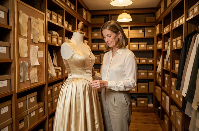 Historienne de la mode examinant une robe victorienne dans une salle d'archives muséale, illustrant l'évolution historique du vêtement