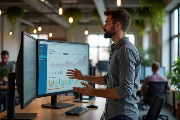 Homme professionnel analysant des données SEO et de réseaux sociaux sur un grand écran dans un espace de coworking moderne