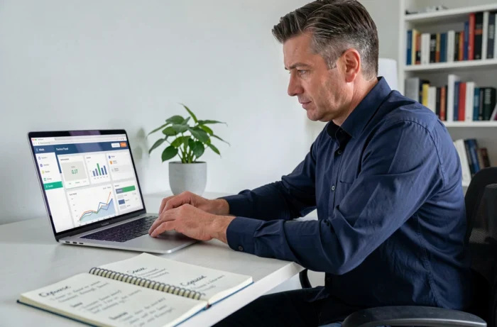 Homme consultant une application de gestion financière personnelle sur un ordinateur portable dans un bureau minimaliste à domicile
