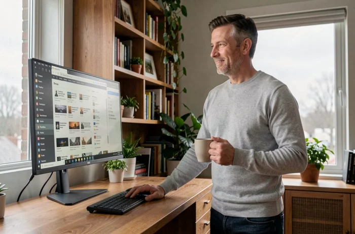 Homme travaillant depuis son bureau à domicile sur une plateforme numérique de services en ligne