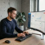 Homme moderne travaillant sur un écran ultrawide courbe dans un bureau minimaliste high-tech