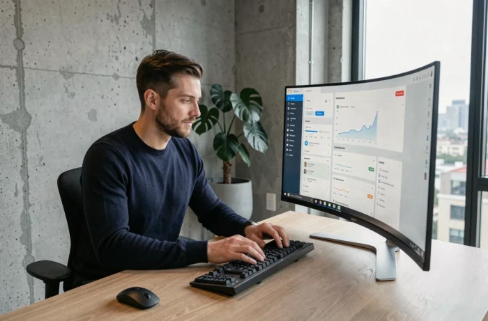 Homme moderne travaillant sur un écran ultrawide courbe dans un bureau minimaliste high-tech