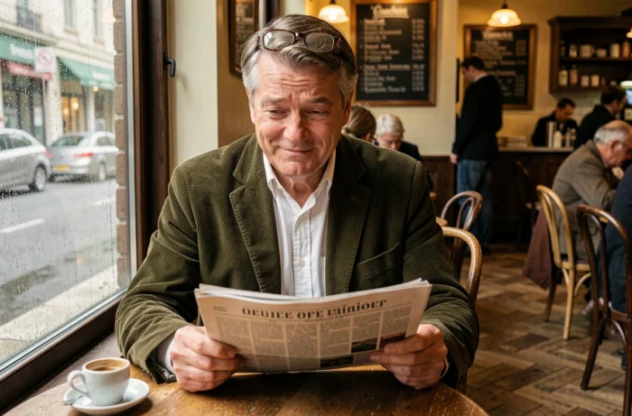 Homme mature lisant un journal avec une expression amusée dans un café bistrot européen