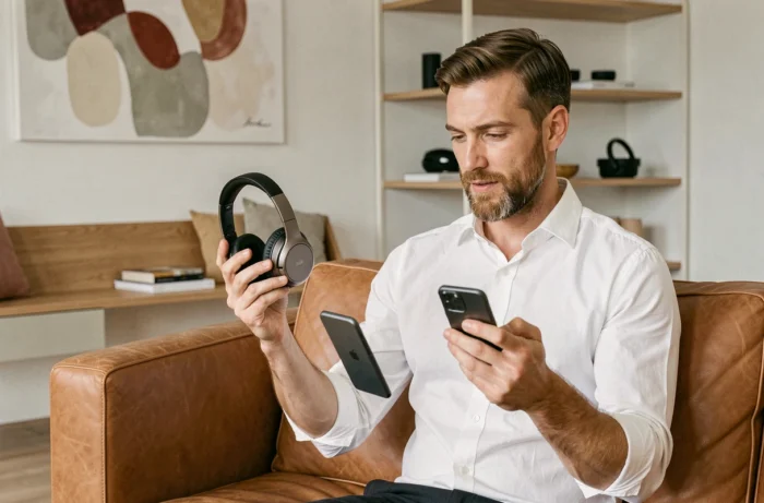 Homme décontracté comparant un casque audio sans fil et un smartphone pliable dans un salon moderne