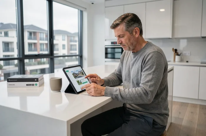 Homme comparant des programmes immobiliers neufs sur tablette dans un appartement témoin moderne