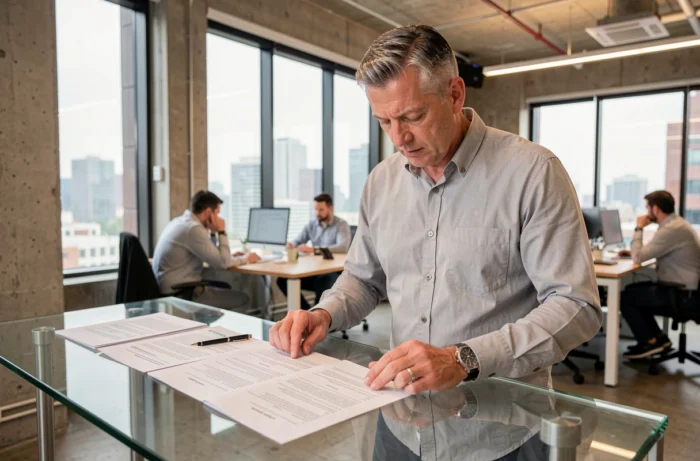 Homme d'affaires lisant des documents sur les mentions légales obligatoires dans un espace de coworking moderne