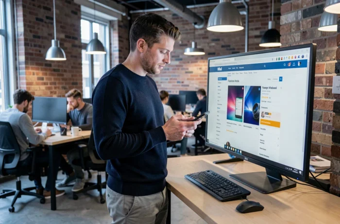 Homme entrepreneur debout dans un espace de coworking gérant son activité en ligne sur smartphone et ordinateur