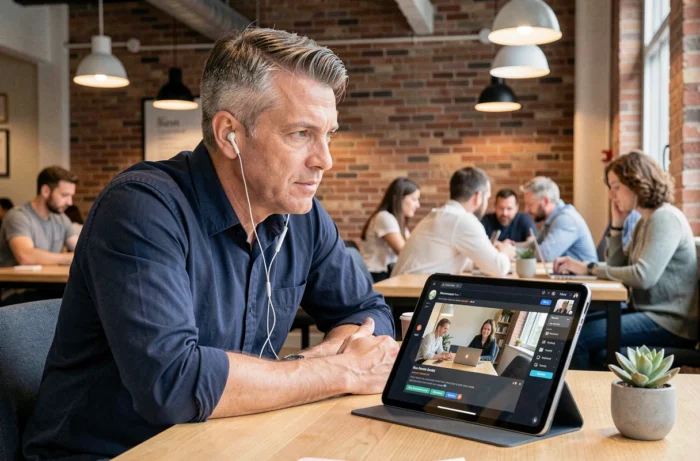 Homme d'affaires en télétravail suivant une formation en ligne sur tablette dans un espace de coworking moderne