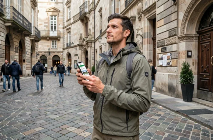 Homme consultant un site d'itinéraire de voyage sur smartphone dans une place historique européenne
