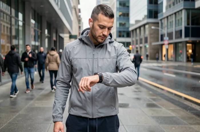 Homme urbain élégant consultant sa montre connectée dans une rue moderne